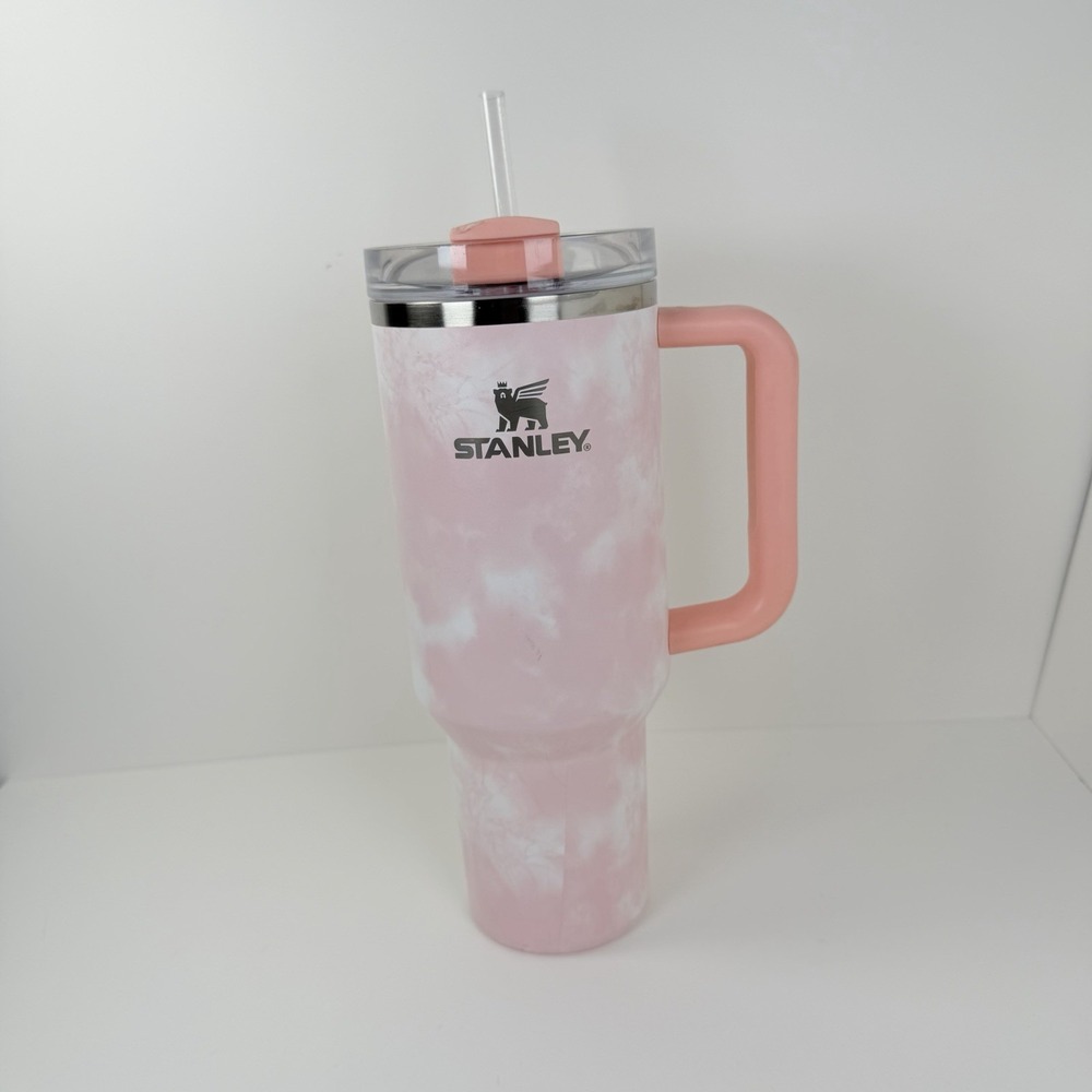 STANLEY 40 oz Tumbler Peach Tie Dye Pink With Straw Handle - Picture 1 of 9